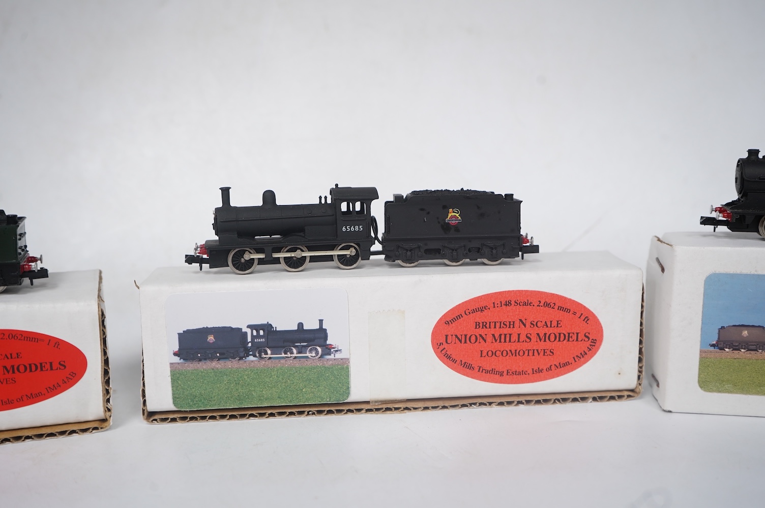 Three boxed Union Mills Models N gauge railway BR locomotives; a Class J38, 65929, a Class J25, 65685, and a Class B12/3, 61546. Condition - good.
